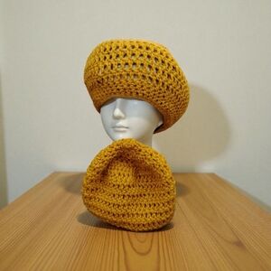 Handcrafted Mustard Yellow Crochet Beret and Scarf Set